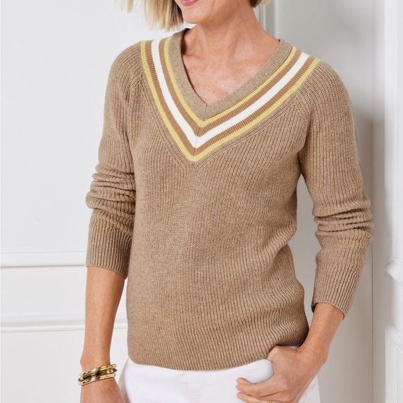 NWT Talbots Textured V Neck Pullover Tipped Cotton Blend Sweater Academia Large - Picture 1 of 9